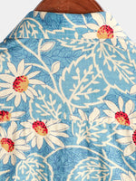 Camisa hawaiana de algodón con estampado floral azul retro para hombre