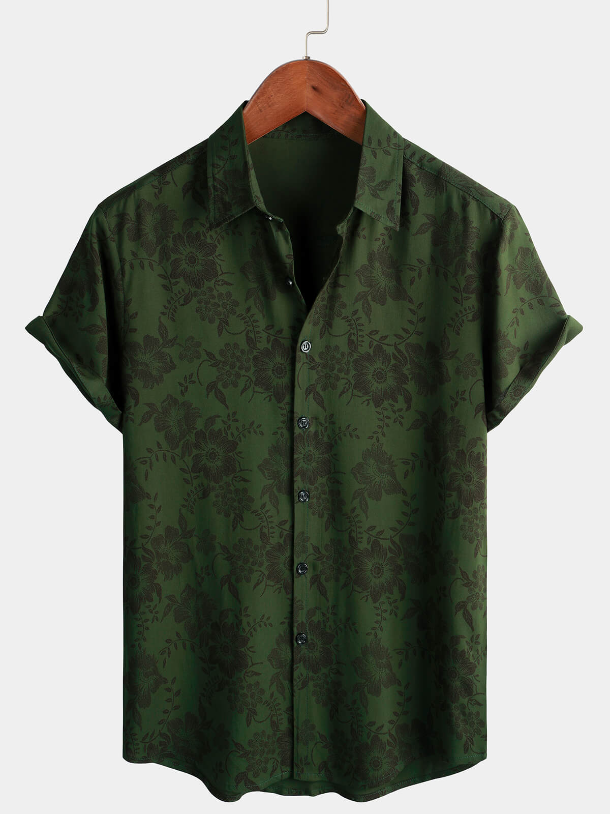 Camisa hawaiana de manga corta con estampado floral verde oscuro vintage para hombre