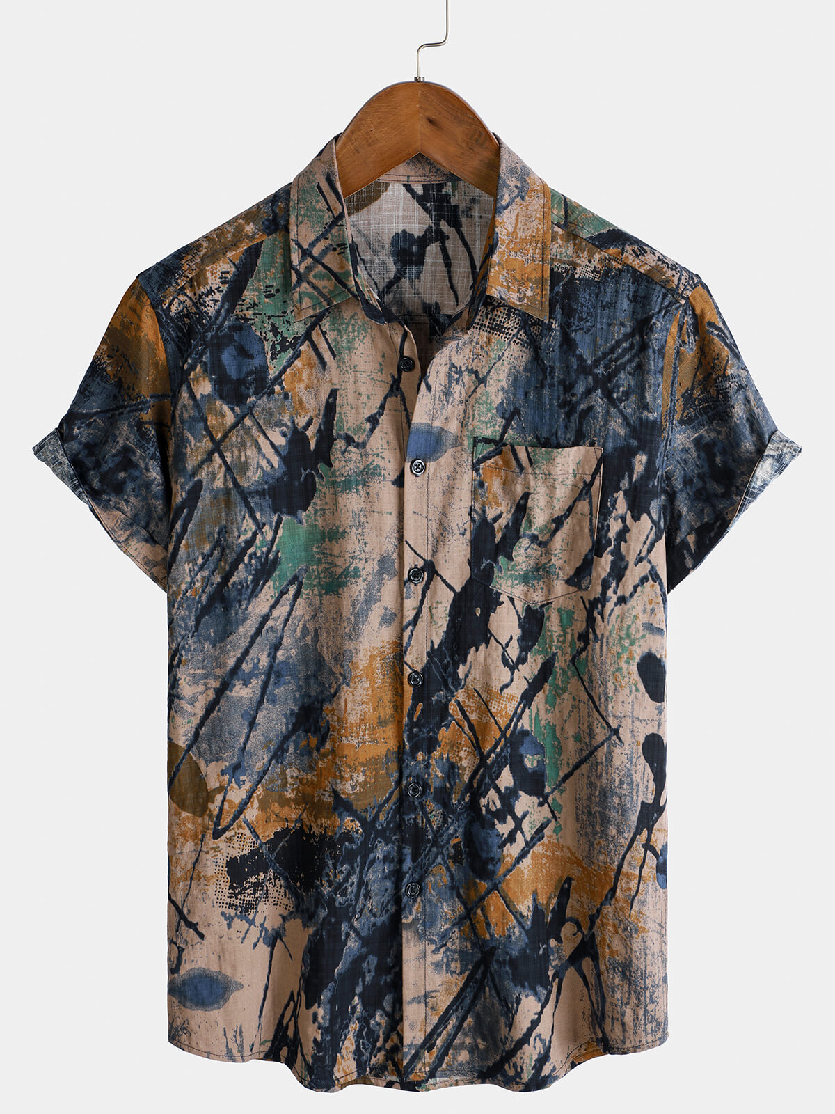 Camisa de manga corta con botones y bolsillo abstracto de verano para hombre