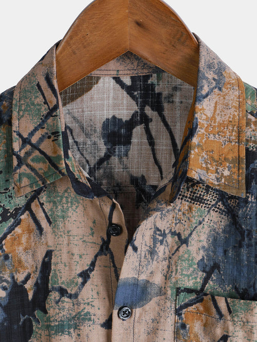 Camisa de manga corta con botones y bolsillo abstracto de verano para hombre