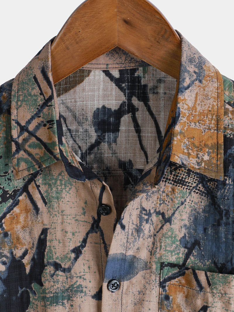 Camisa de manga corta con botones y bolsillo abstracto de verano para hombre