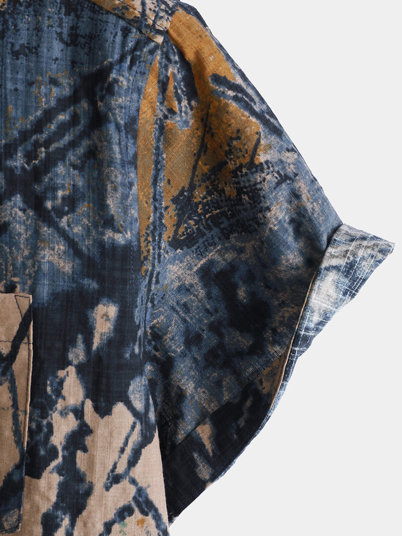 Camisa de manga corta con botones y bolsillo abstracto de verano para hombre