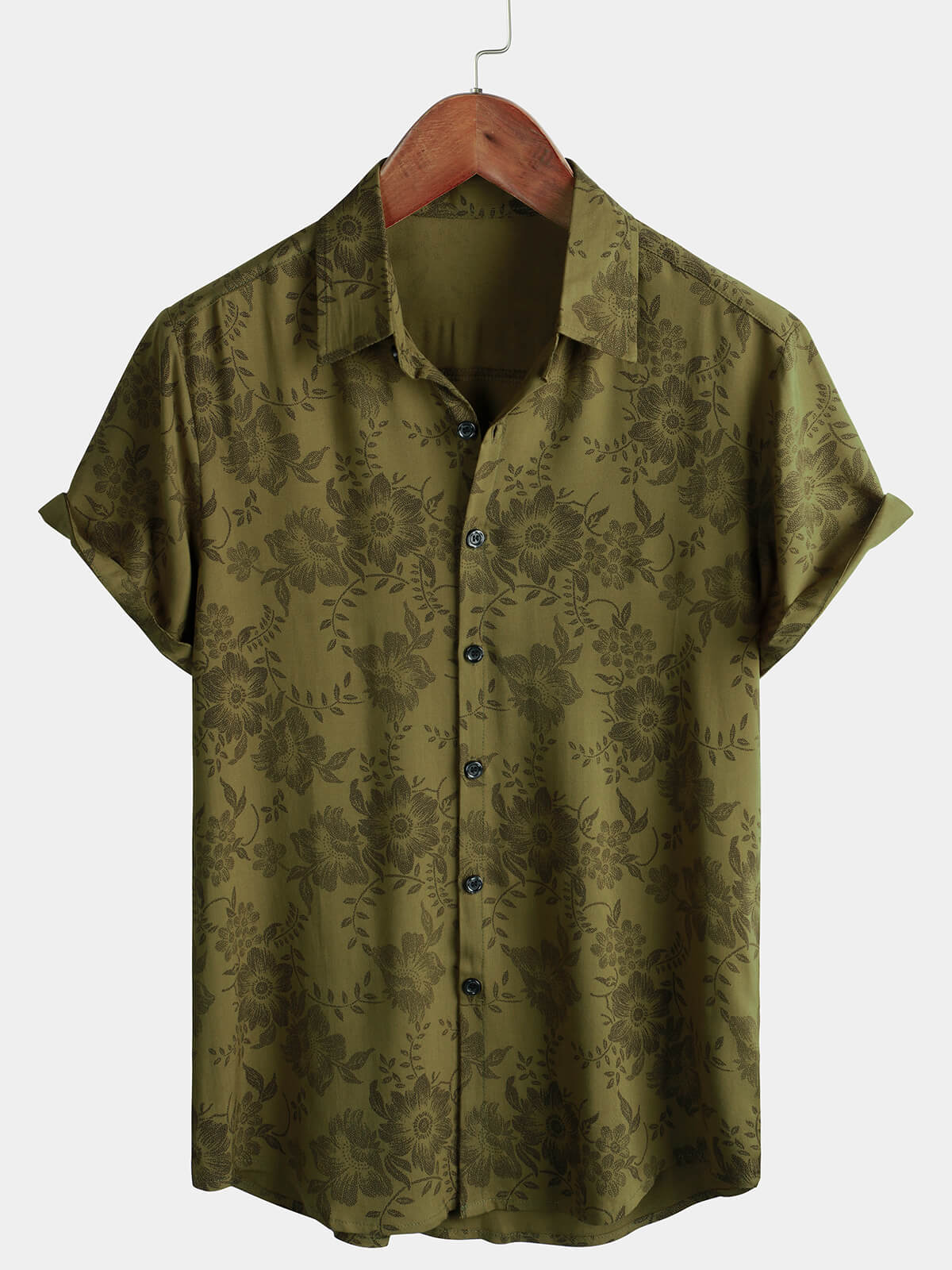 Camisa de manga corta con botones estilo retro de los años 70 con estampado floral verde vintage para hombre
