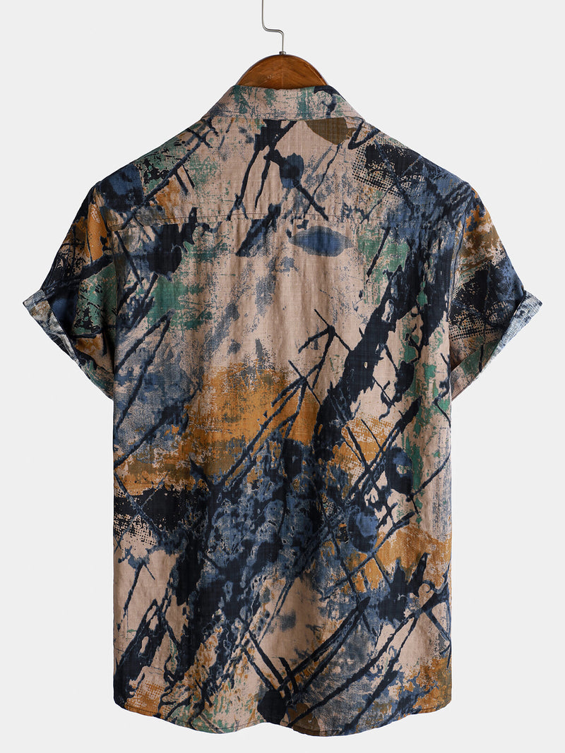 Camisa de manga corta con botones y bolsillo abstracto de verano para hombre