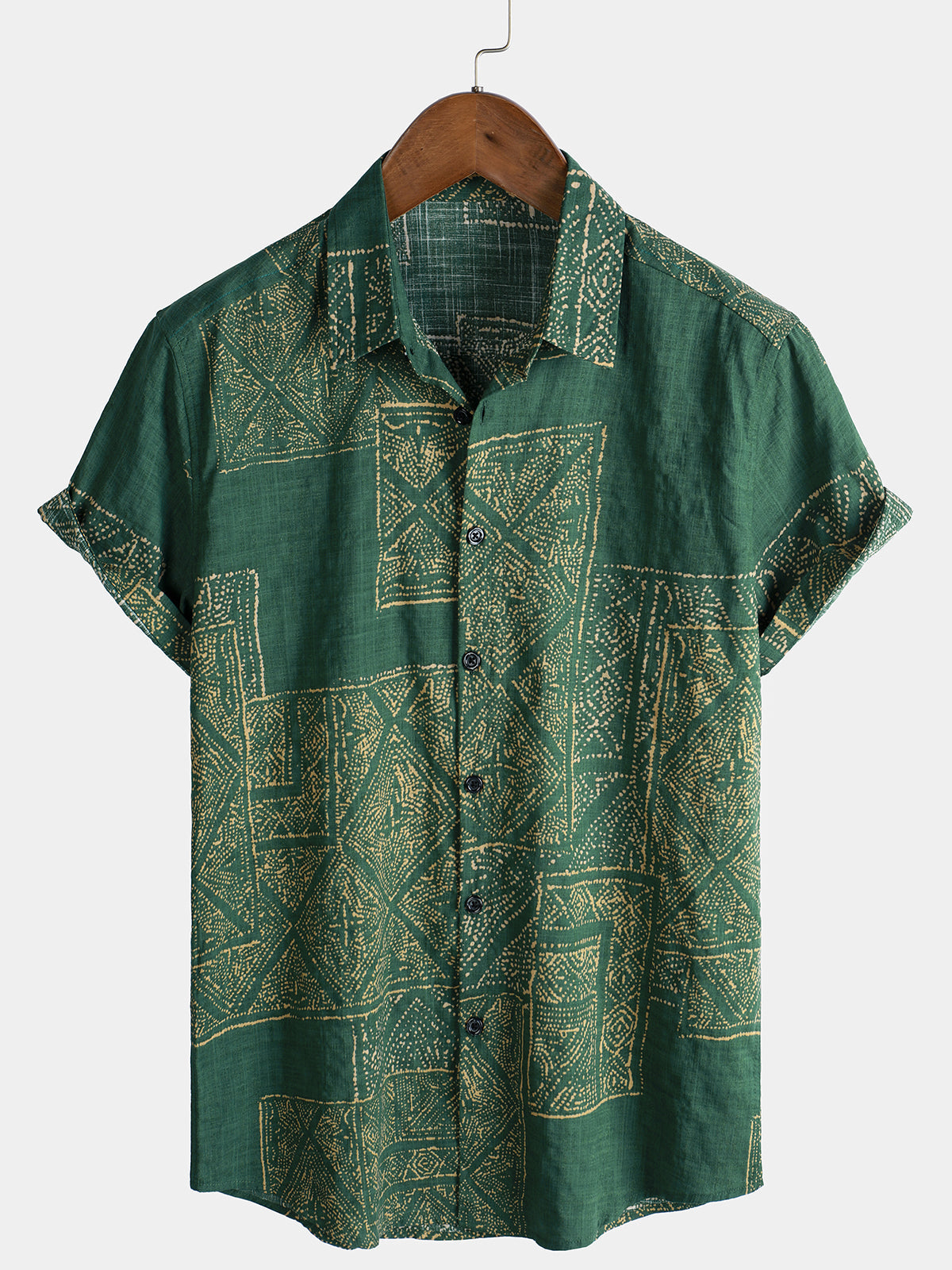 Camisa de manga corta de algodón transpirable con estampado vintage verde para hombre