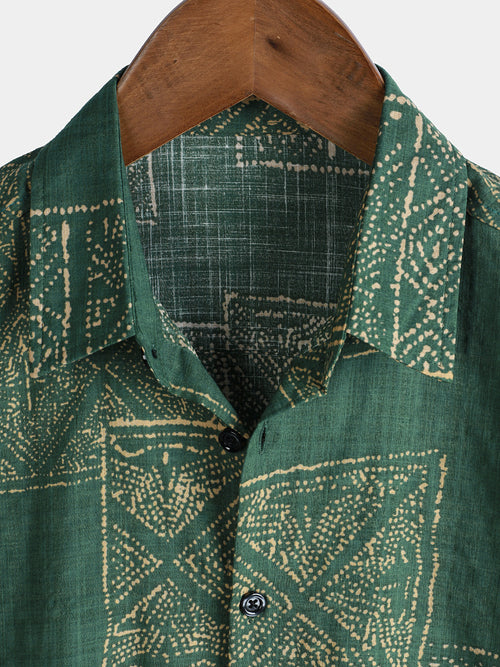 Camisa de manga corta de algodón transpirable con estampado vintage verde para hombre