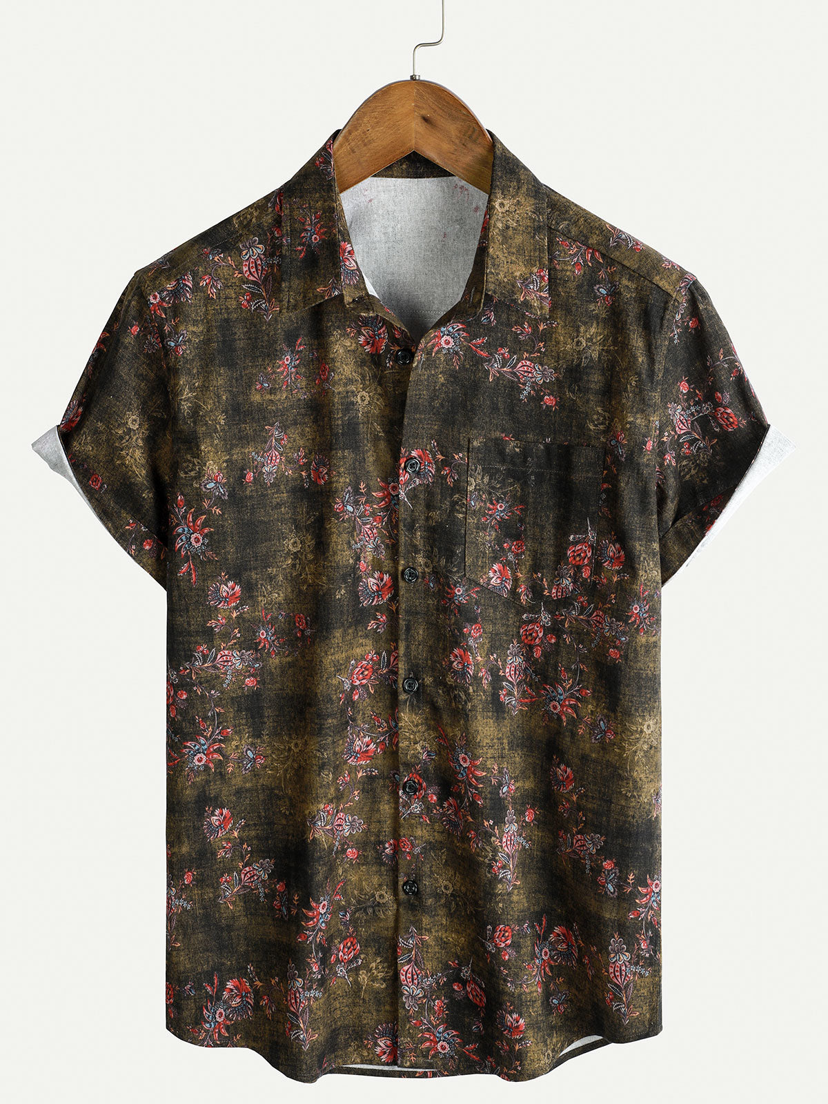 Camisa informal de algodón de manga corta con estampado floral retro para hombre