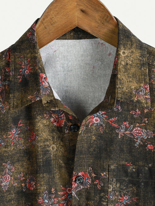 Camisa informal de algodón de manga corta con estampado floral retro para hombre