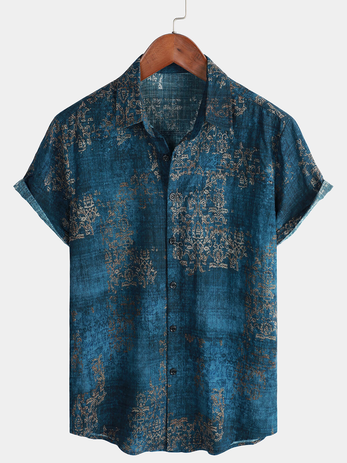 Camisa de verano con botones de manga corta estilo vintage de algodón azul para hombre