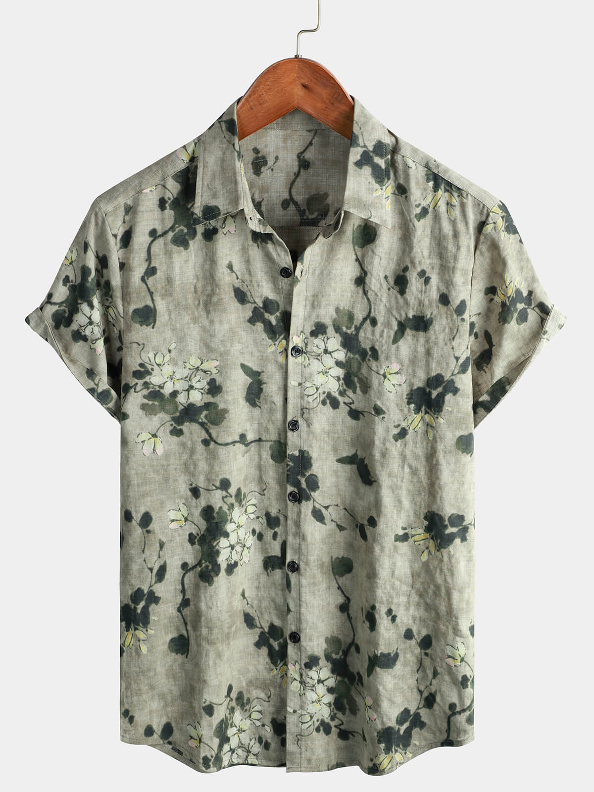 Camisa de manga corta de algodón transpirable con estampado floral vintage para hombre
