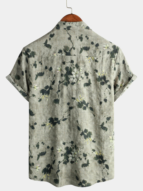 Camisa de manga corta con botones de algodón transpirable con diseño floral vintage para hombre, color gris