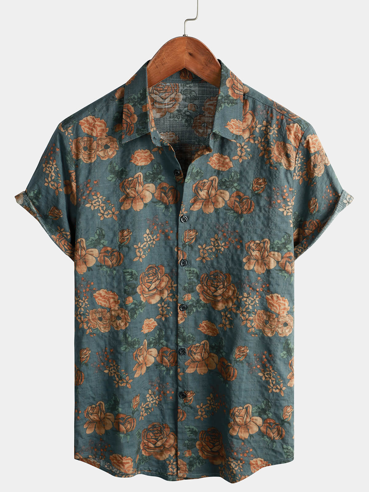 Camisa de manga corta con botones estilo retro floral vintage para hombre color azul para vacaciones de verano