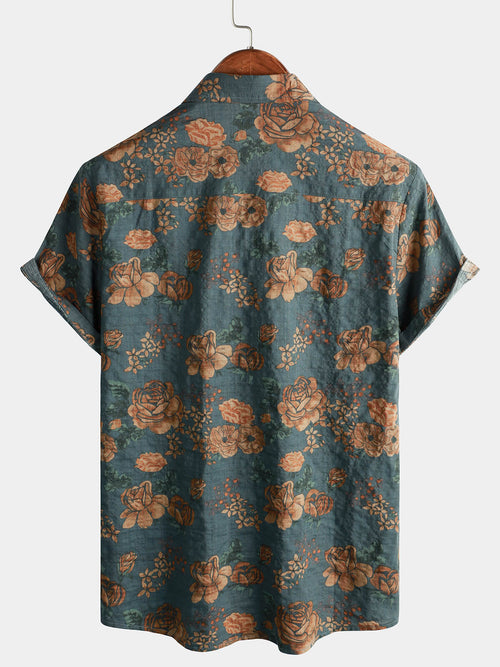 Camisa de manga corta con botones estilo retro floral vintage para hombre, color azul, para vacaciones de verano