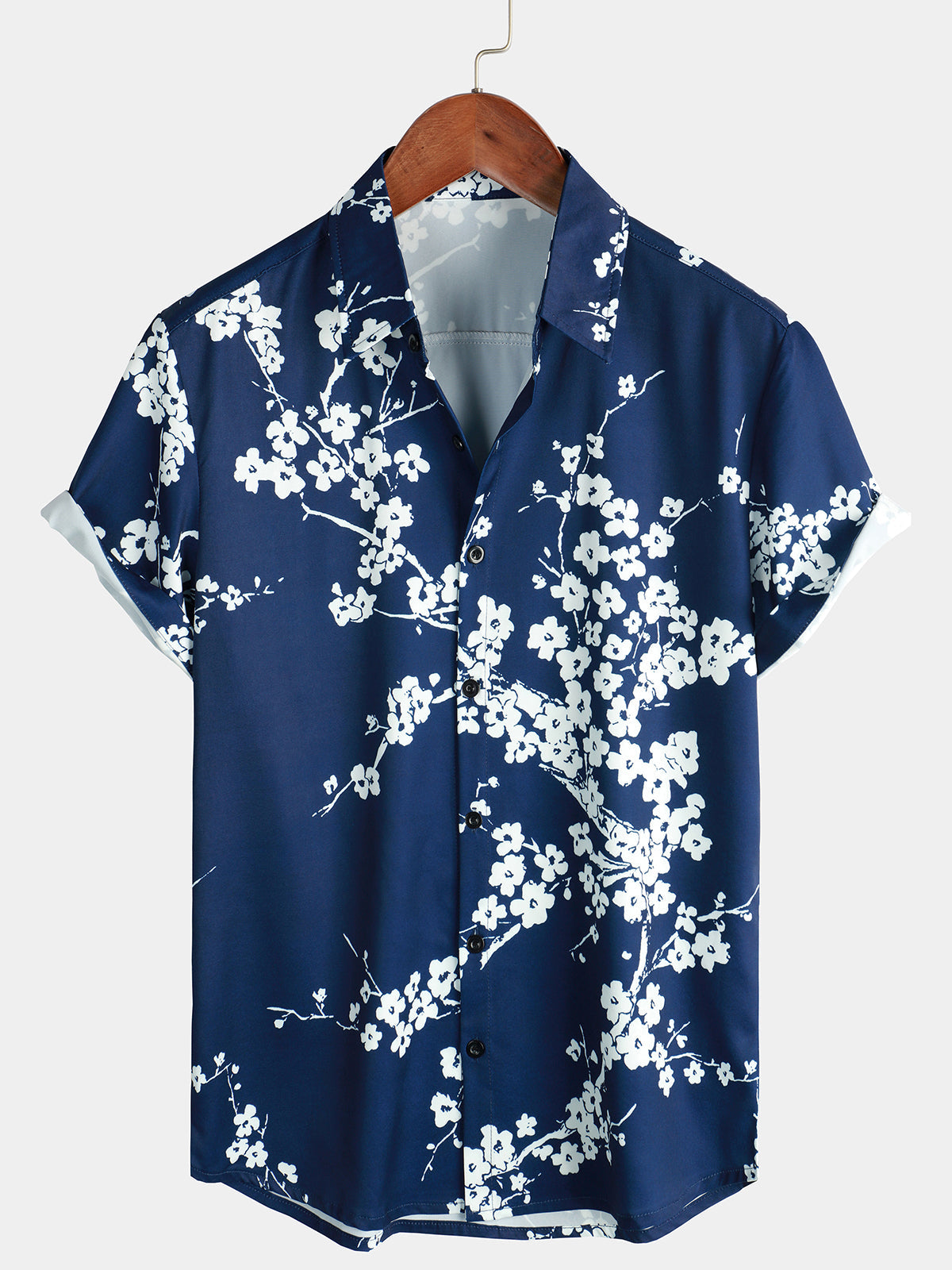 Camisa casual de manga corta con solapa y estampado floral en azul marino vintage para hombres