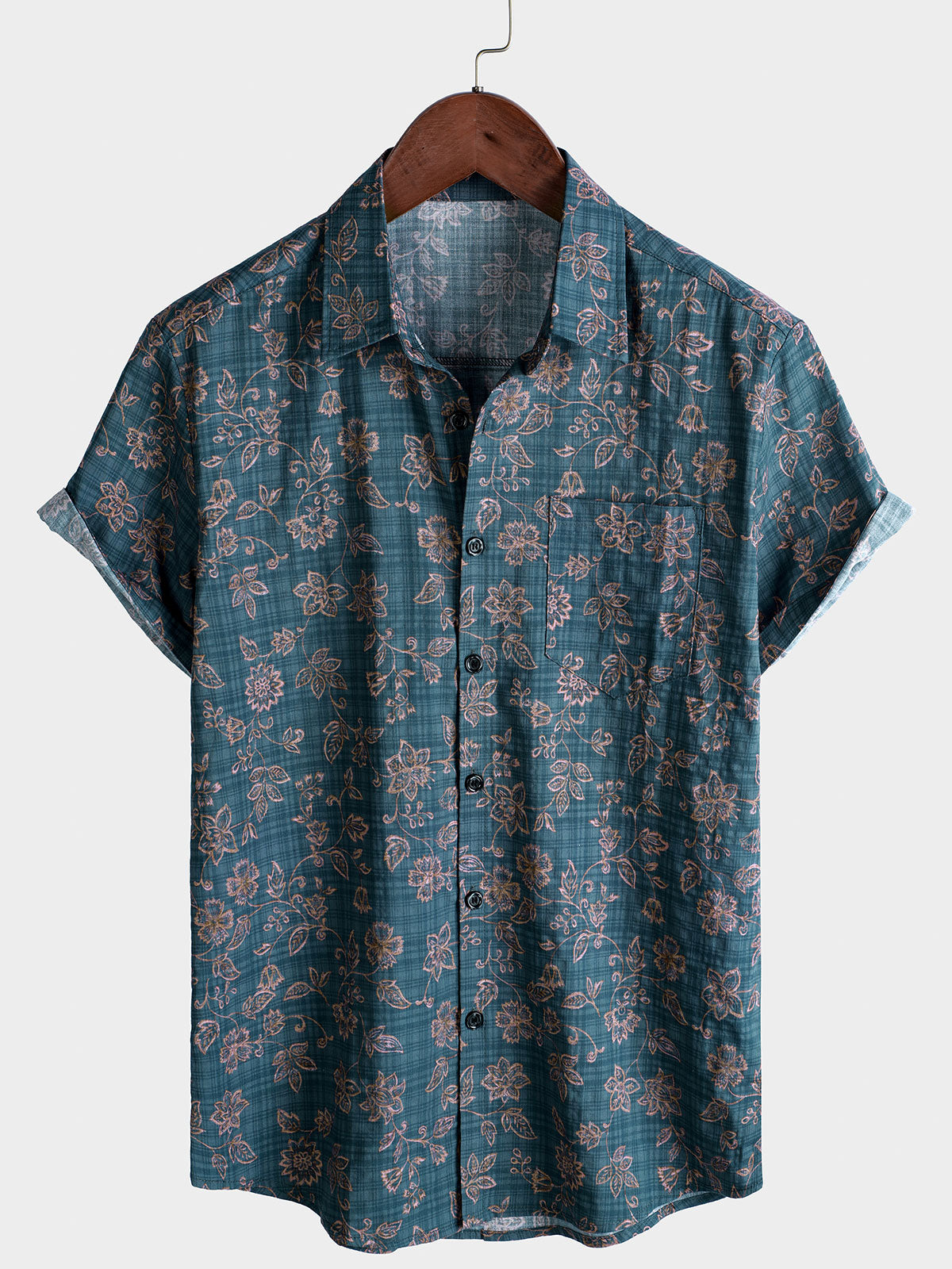 Camisa de manga corta de algodón transpirable con estampado floral vintage para hombre