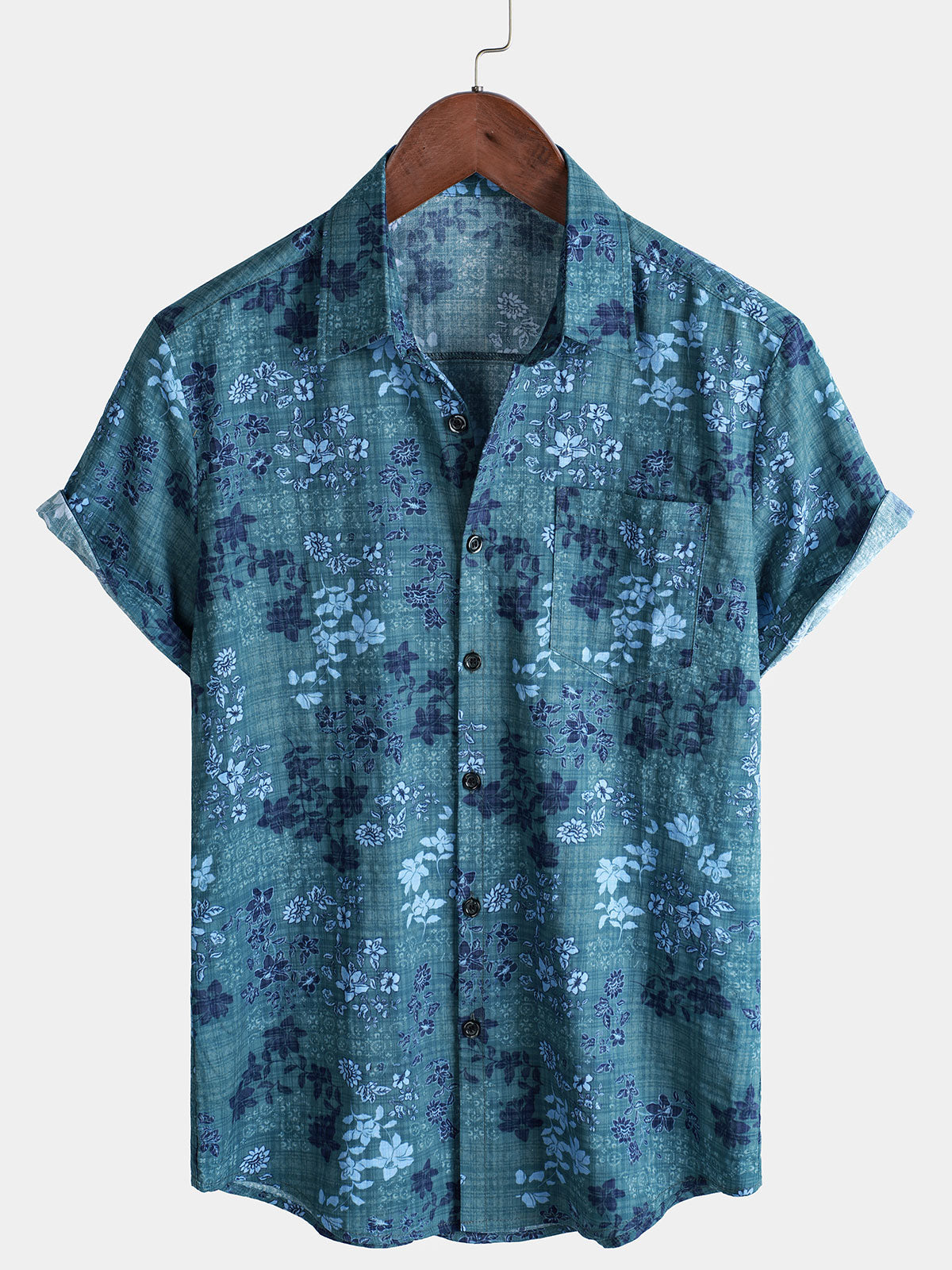 Camisa retro informal de manga corta con bolsillo y estampado floral azul para hombre