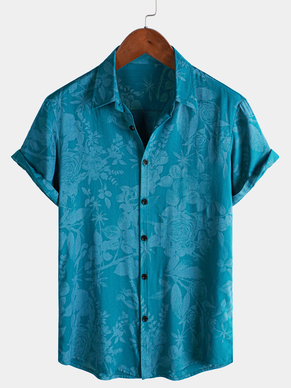 Camisa hawaiana de manga corta con estampado floral azul para hombre para verano en la playa