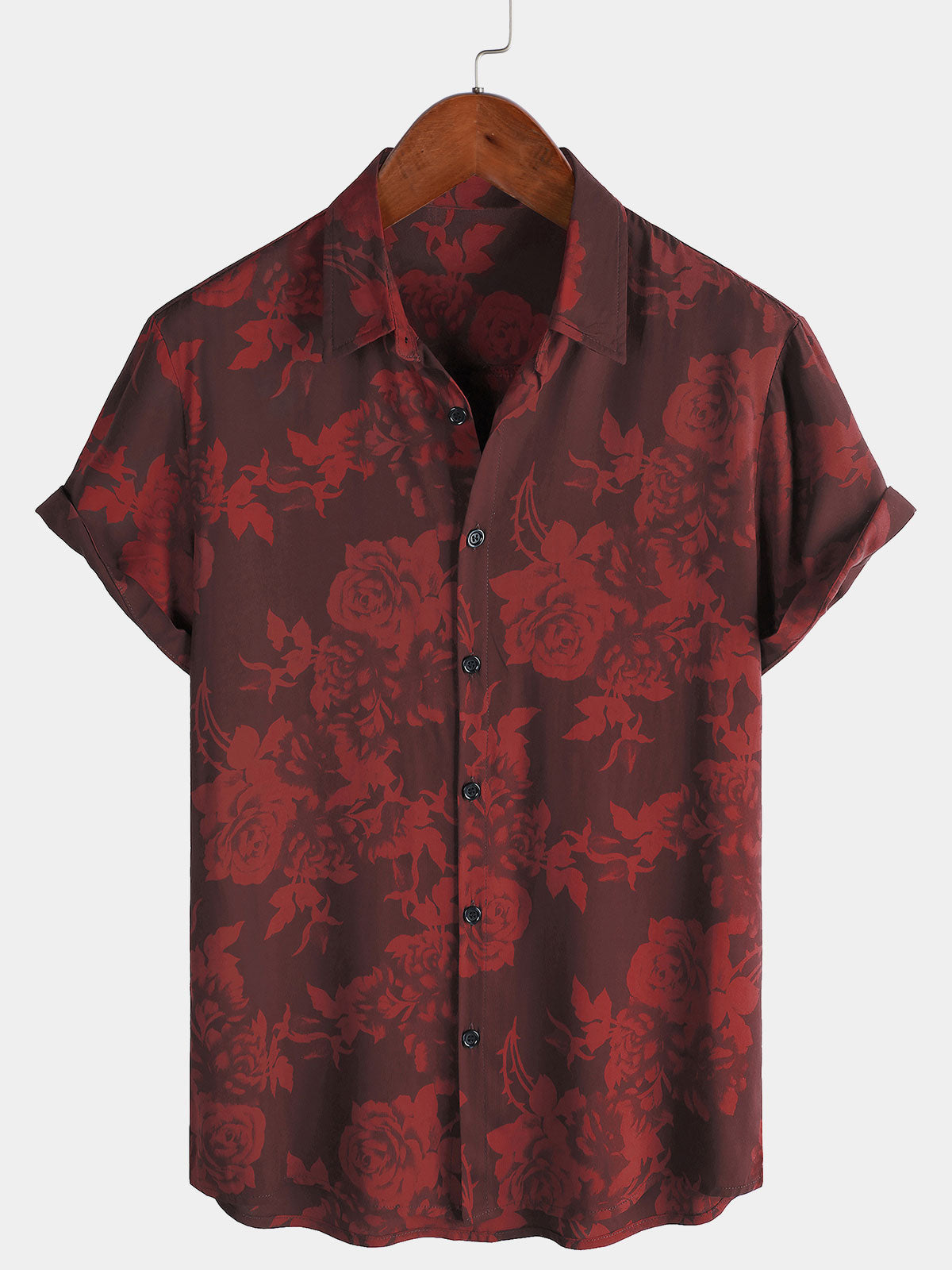 Camisa hawaiana de manga corta con estampado floral rojo para hombre para verano y playa