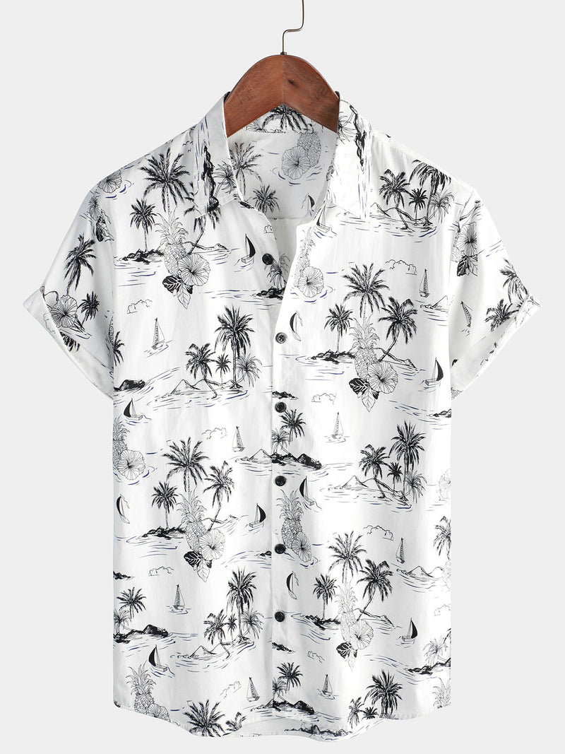 Camisa hawaiana de manga corta blanca con estampado de palmeras y piña tropical para hombre