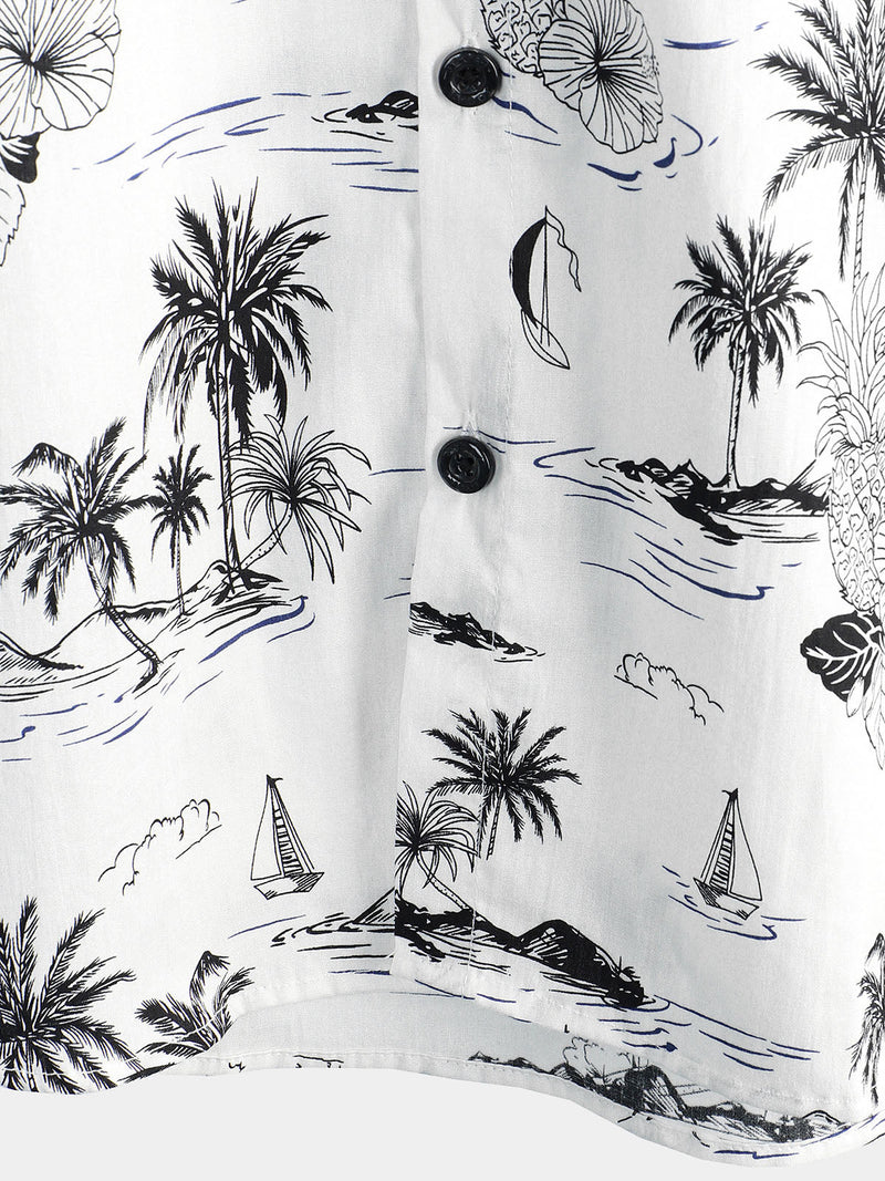 Camisa hawaiana de manga corta blanca con estampado de palmeras y piña tropical para hombre