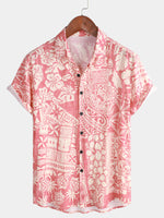 Camisa hawaiana de manga corta con botones y estampado floral tropical rosa para hombre