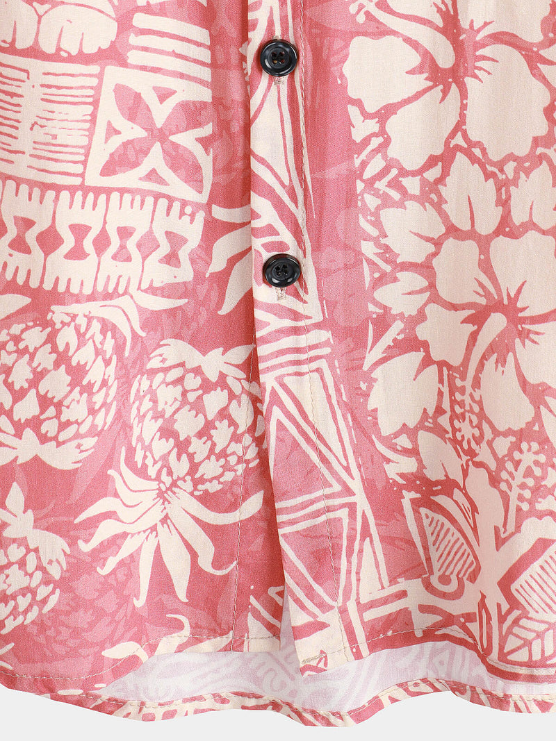 Camisa hawaiana de manga corta con botones y estampado floral tropical rosa para hombre