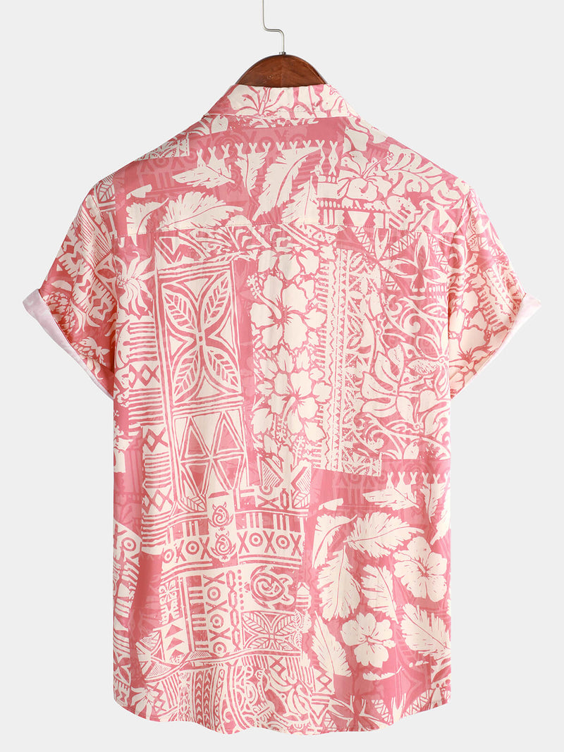 Camisa hawaiana de manga corta con botones y estampado floral tropical rosa para hombre