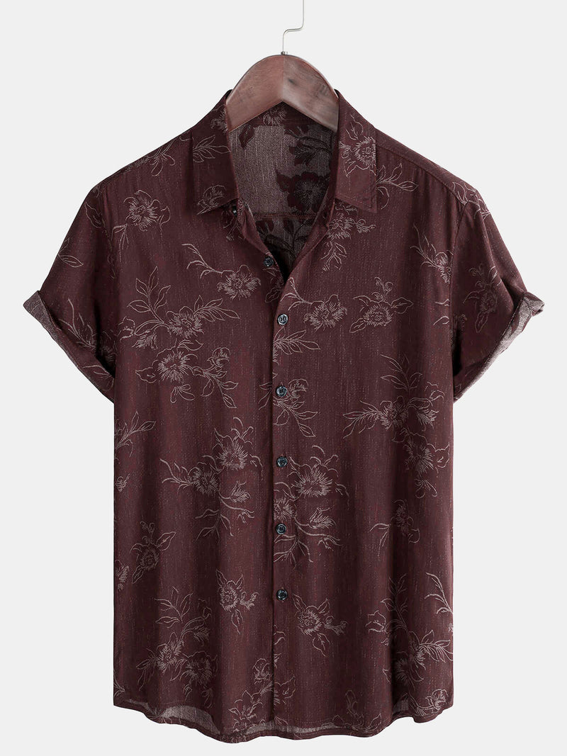 Camisa casual de verano de manga corta con estampado floral rojo para hombre