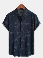 Camisa informal de verano de manga corta con estampado floral azul marino para hombre