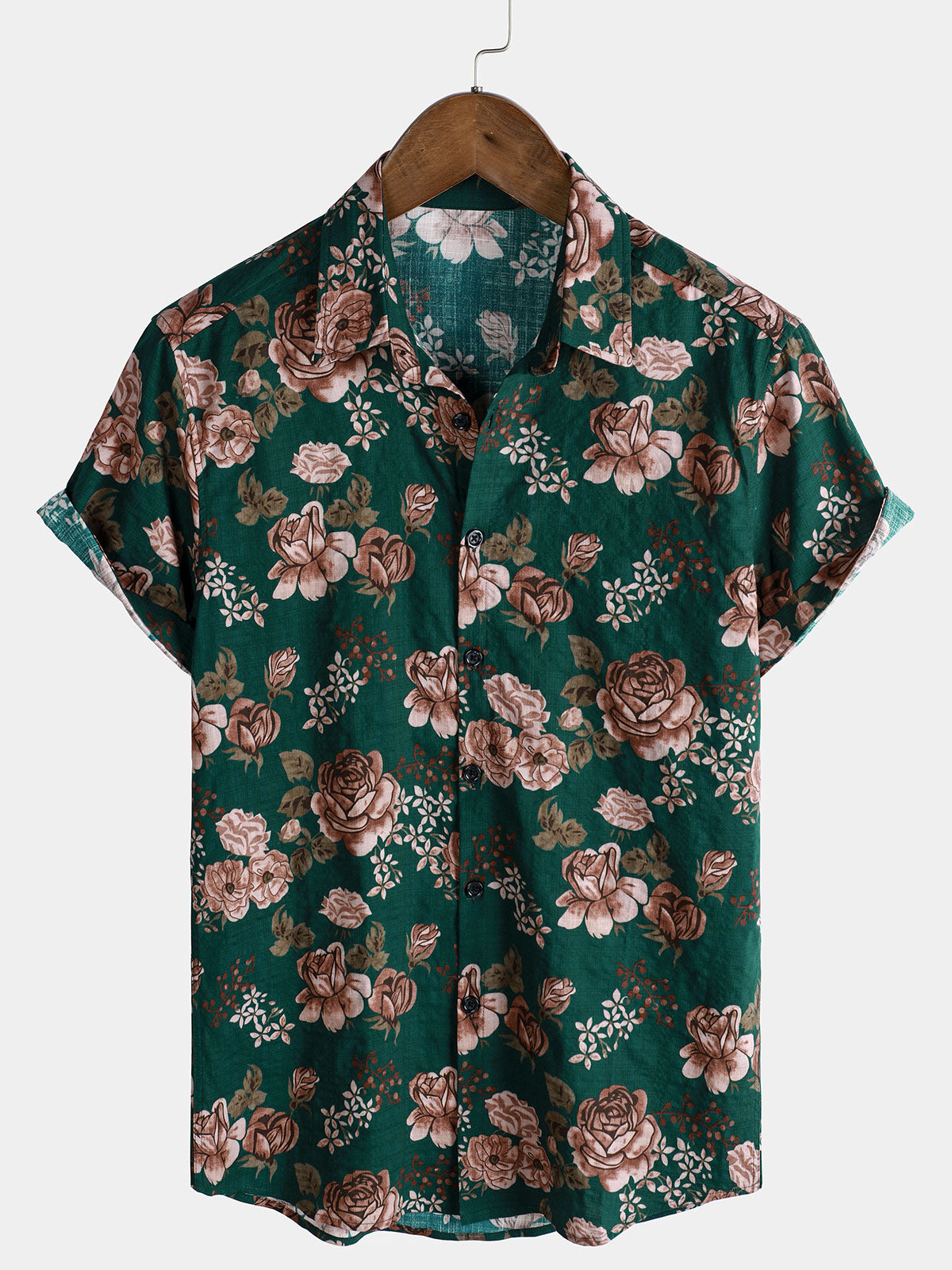 Camisa de manga corta con estampado floral retro verde veraniego para hombre