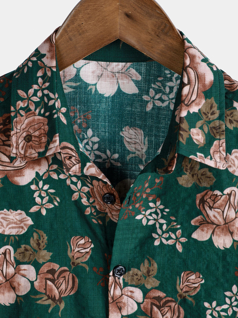 Camisa de manga corta con estampado floral retro verde veraniego para hombre