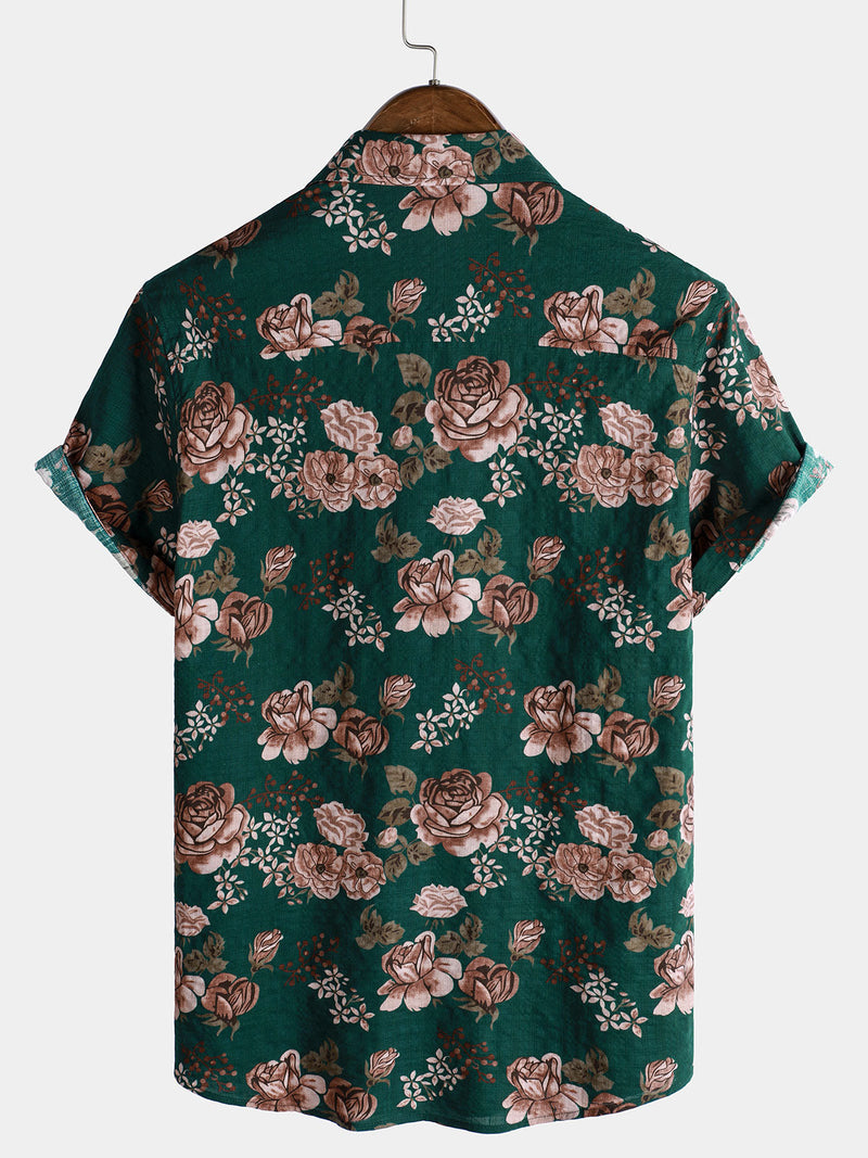 Camisa de manga corta con estampado floral retro verde veraniego para hombre