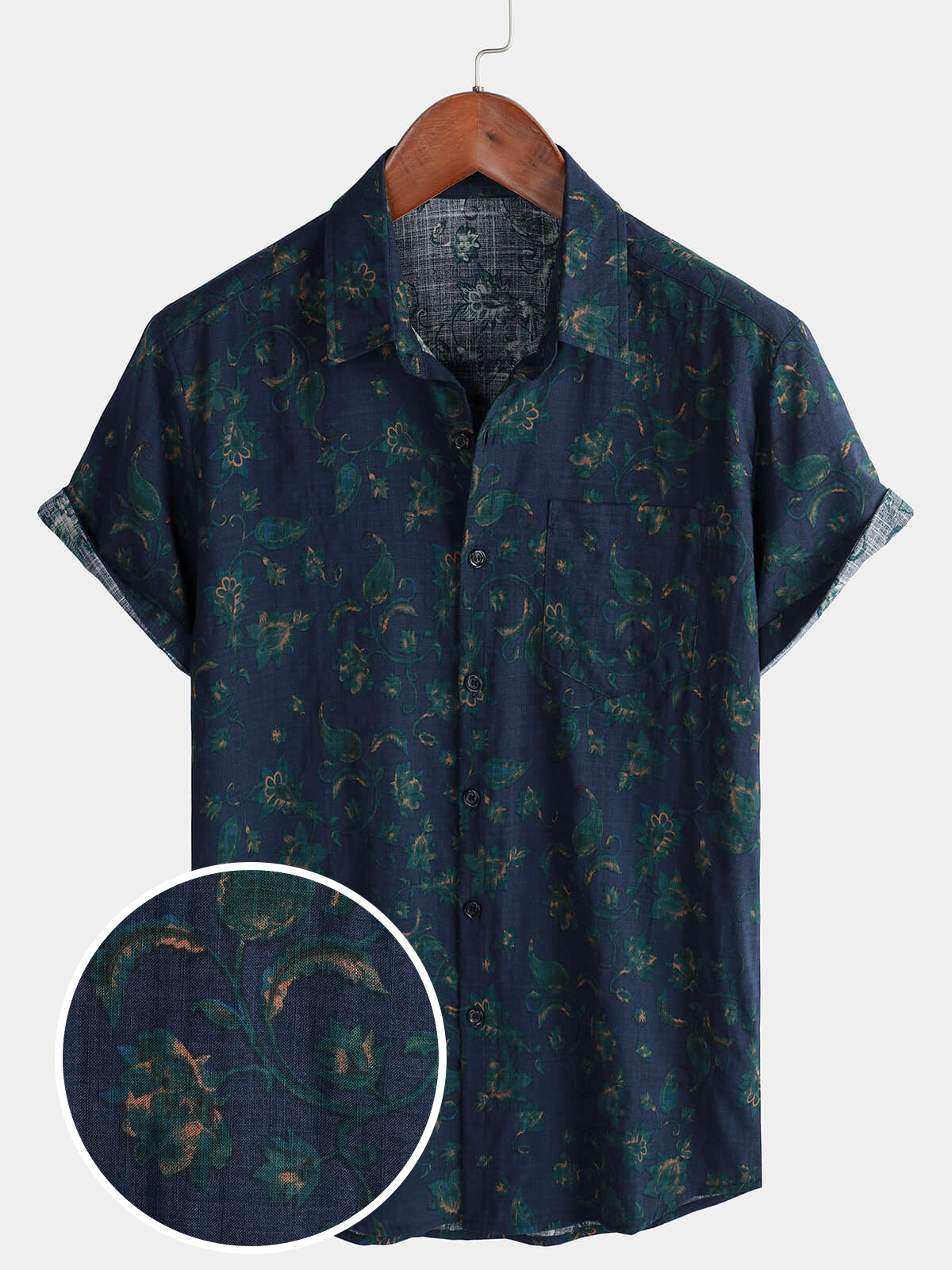Camisa informal de manga corta con bolsillo y estampado floral azul para hombre
