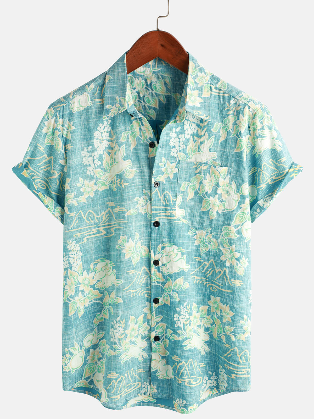 Camisa de manga corta con botones y bolsillo para playa de verano con estampado floral tropical hawaiano vintage para hombre