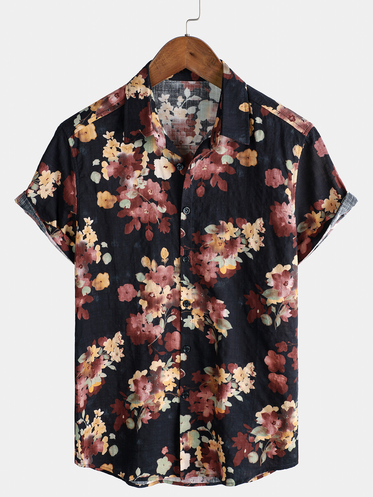 Camisa playera informal de algodón con estampado floral de manga corta para hombre