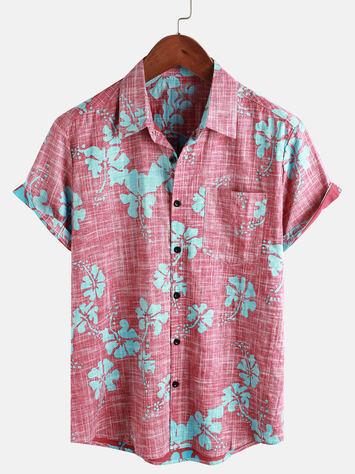 Camisa hawaiana tropical de playa con botones y manga corta con estampado floral vintage rojo para hombre