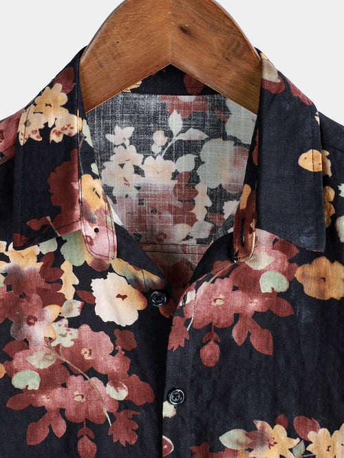 Camisa playera informal de algodón con estampado floral de manga corta para hombre