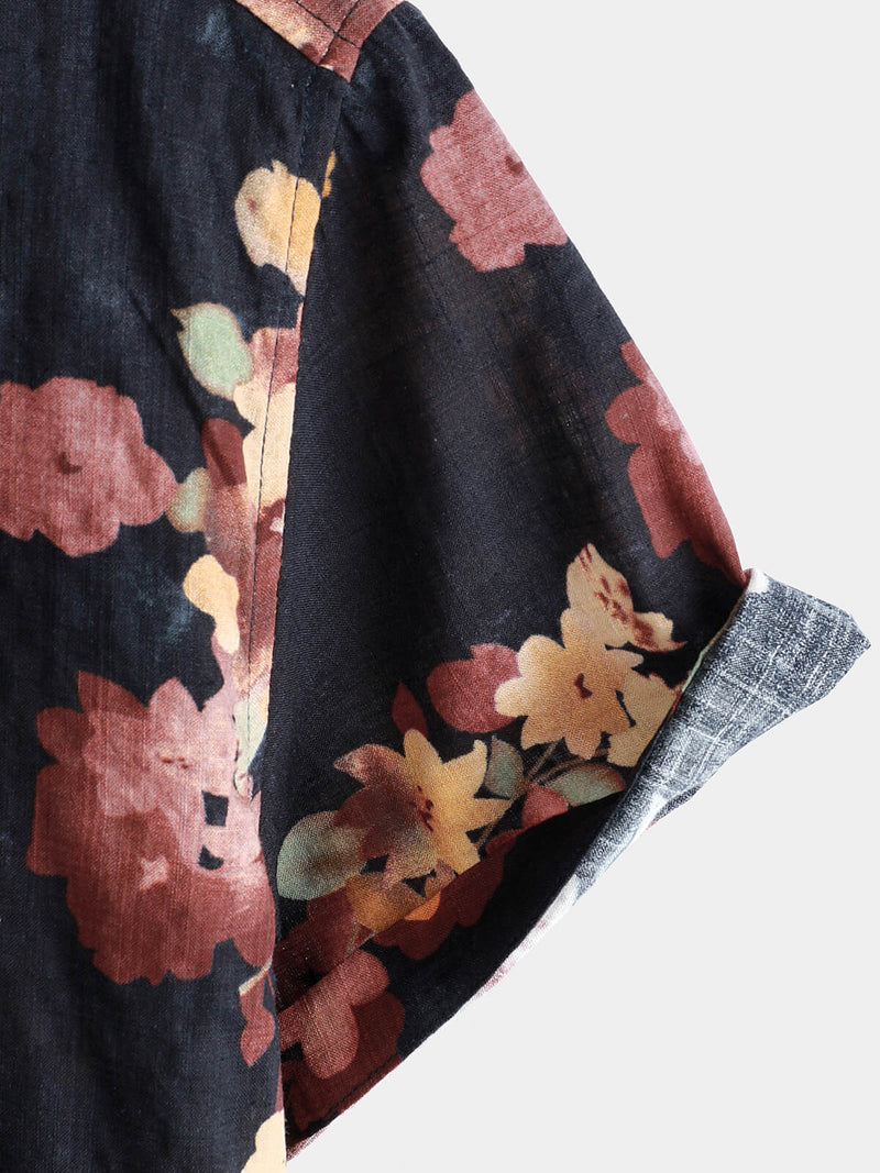 Camisa playera informal de algodón con estampado floral de manga corta para hombre