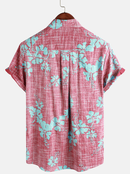 Camisa hawaiana tropical de playa con botones y manga corta con estampado floral vintage rojo para hombre