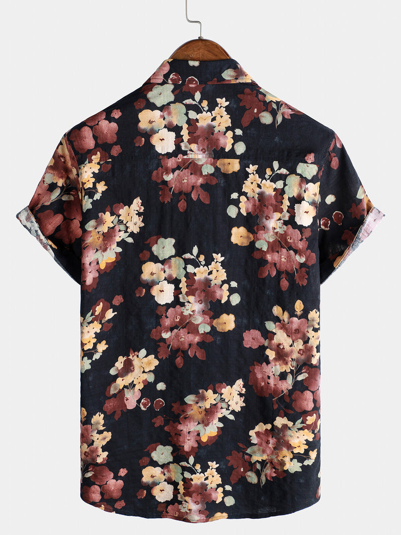 Camisa playera informal de algodón con estampado floral de manga corta para hombre