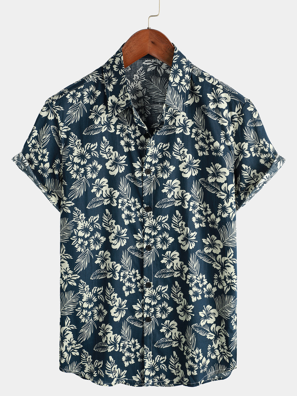Camisa hawaiana de manga corta de algodón con estampado floral azul marino para hombre