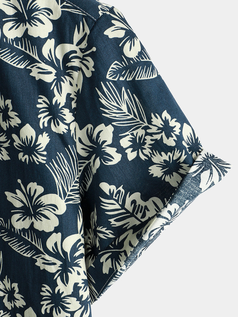 Camisa hawaiana de manga corta Aloha de algodón transpirable en azul marino con estampado floral para hombres ideal para vacaciones