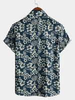 Camisa hawaiana de manga corta Aloha de algodón transpirable en azul marino con estampado floral para hombres ideal para vacaciones