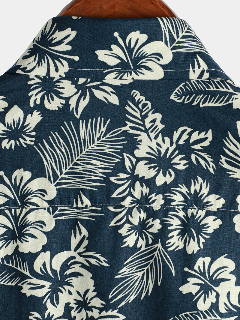 Camisa hawaiana de manga corta Aloha de algodón transpirable en azul marino con estampado floral para hombres ideal para vacaciones