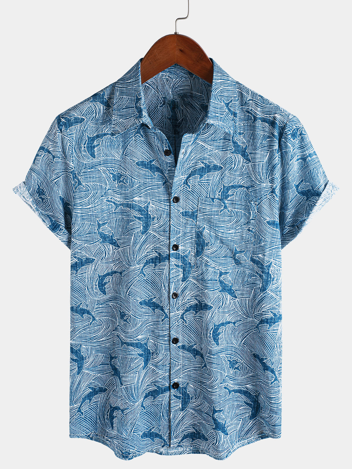 Camisa hawaiana de manga corta de verano para hombre con diseño de tiburón oceánico y playa