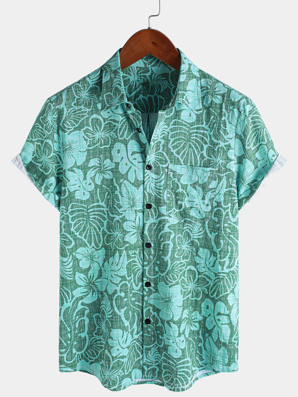 Camisa de manga corta verde tropical de verano para hombre