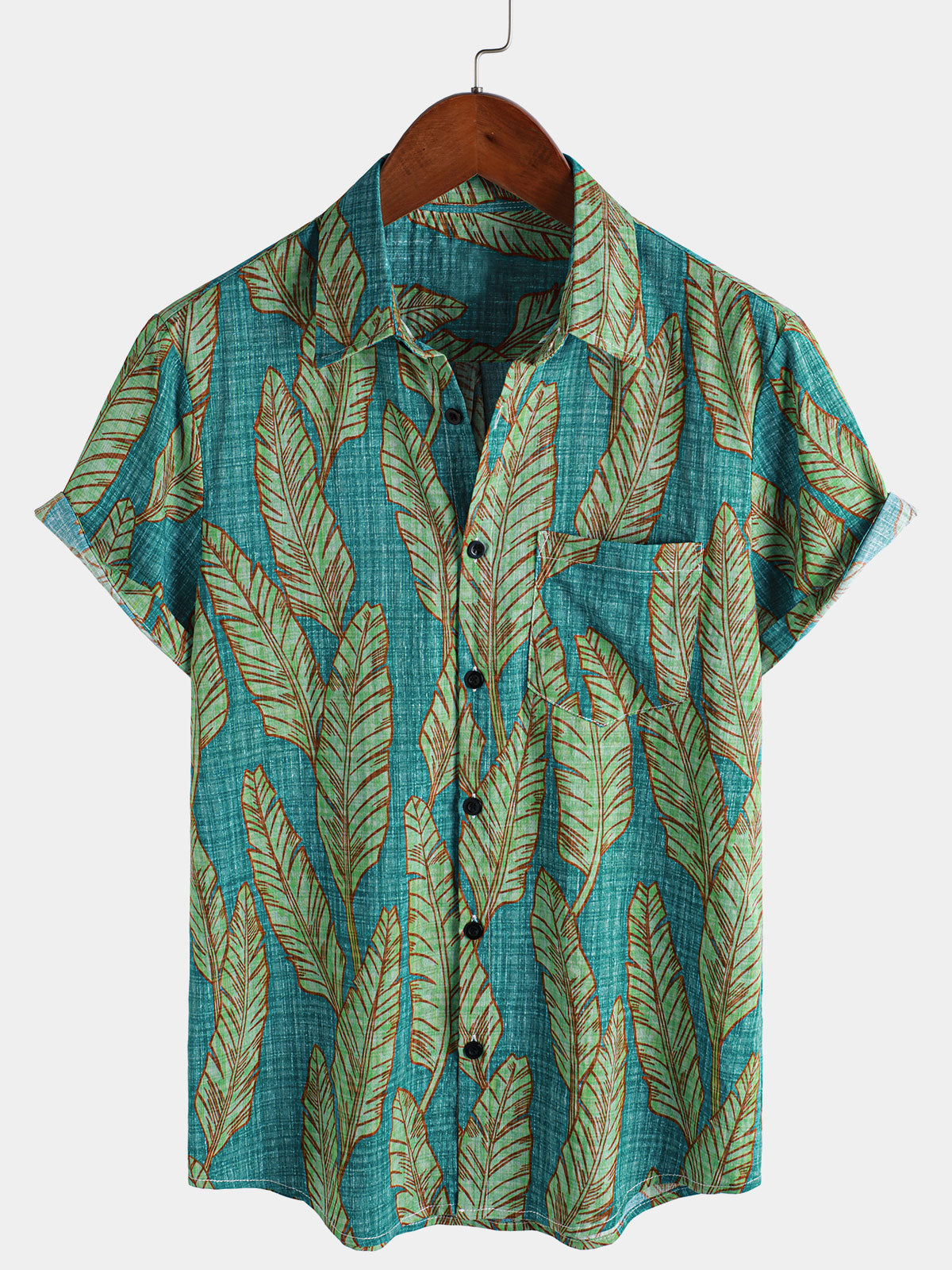 Camisa hawaiana de manga corta con estampado de hojas tropicales verdes de verano para hombre