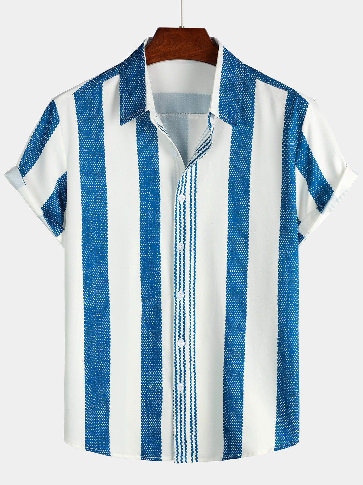 Camisa casual vintage azul de manga corta a rayas para hombre
