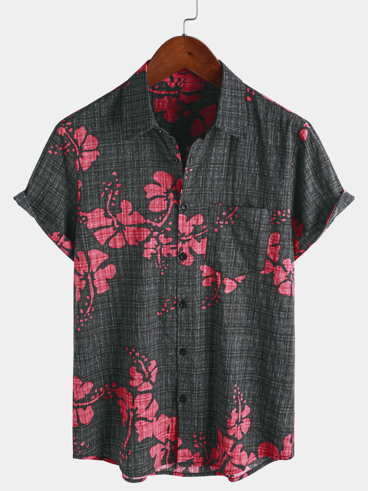 Camisa hawaiana de manga corta con estampado floral rojo de verano para hombre