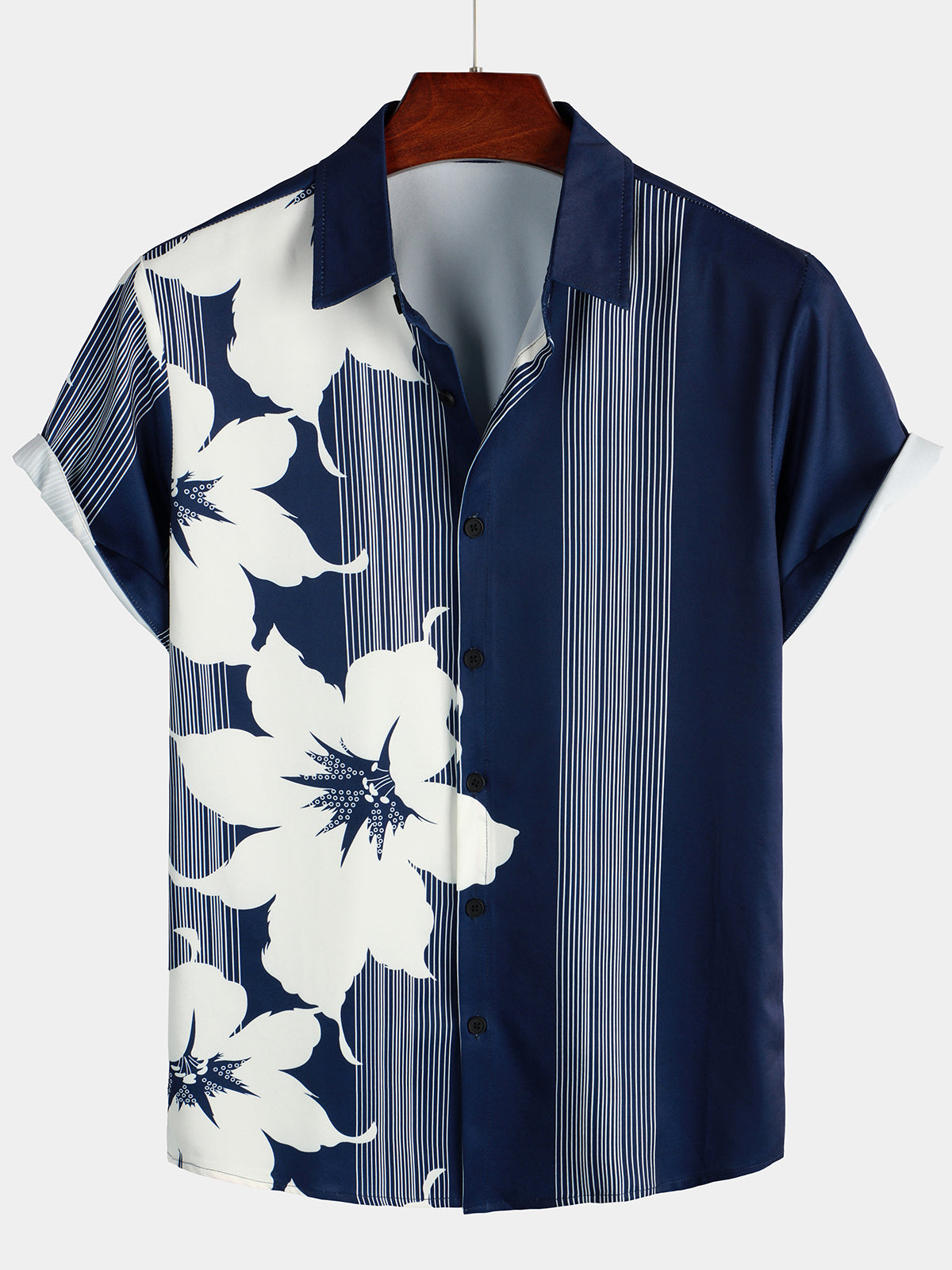 Camisa hawaiana de manga corta con estampado floral vintage de rayas azul marino para hombre